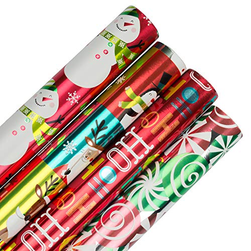 Book Cover JAM PAPER Assorted Gift Wrap - Christmas Foil Wrapping Paper - 9.29 Sq M Total - Red Ho Ho Ho Santa Set - 4 Rolls/Pack