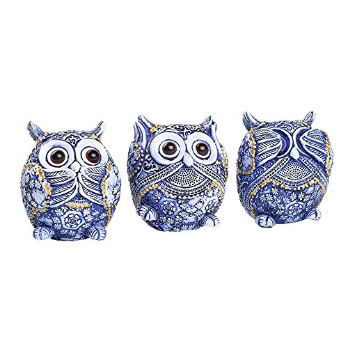 Book Cover FAMICOZY Owl Figurine with Different Gestures,Cute Owl Statue,Adorable Decoration for Home Office Set of 3,Blue