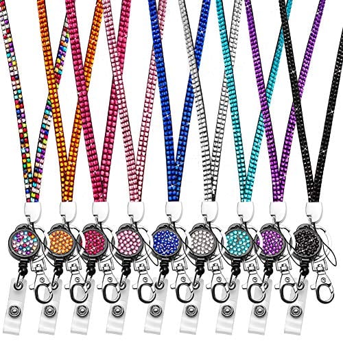 Book Cover Soleebee 80cm Bling Rhinestones Leather Neck Strap Lanyard Retractable Badge Holder with Breakaway Safety Clasp (Pack of 9)
