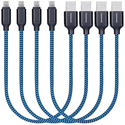 Book Cover Charlemain Short Lightning Cable Nylon Braided 1ft Lightning to USB Charging Cable 12 inch iPhone Charger Cable for iPhone X/8/8 Plus 7/7 Plus 6/6s Plus 5/5s/5c, iPad mini/Air/Pro iPod touch - 4Pack