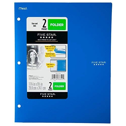 Book Cover Five Star 2 - Pocket Folder, Stay-Put Tabs, Plastic,(38060) (BLUE)