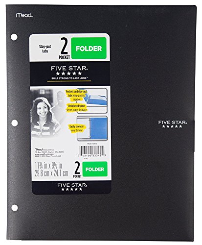 Book Cover Five Star 2 - Pocket Folder, Stay-Put Tabs, Plastic,(38060) (Black)