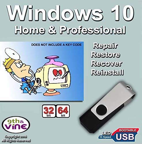 Book Cover 9th & Vine USB Flash Drive Compatible With Windows 10 Home & Professional 32/64 bit. Install, Repair, Restore & Recovery USB Drive For Legacy Bios