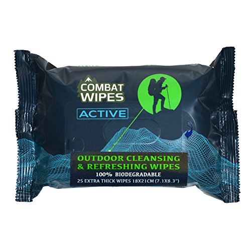 Book Cover Combat Wipes ACTIVE Outdoor Wet Wipes | Extra Thick, Ultralight, Biodegradable, Body & Hand Cleansing/Refreshing Cloths for Camping, Travel, Gym & Backpacking w/ Natural Aloe & Vitamin E (25 Wipes)