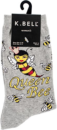 Book Cover K. Bell Women's Play on Words Novelty Casual Crew Socks, Queen Bee (Grey), Shoe Size: 4-10