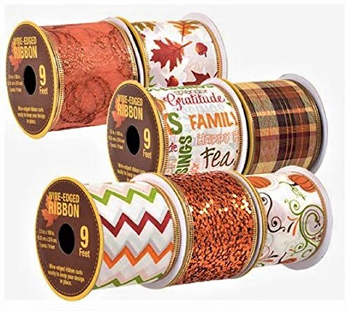 Book Cover Decorative Autumn Harvest Fall Wire-Edged Ribbon, 3-yd. Spools, 7-ct Set