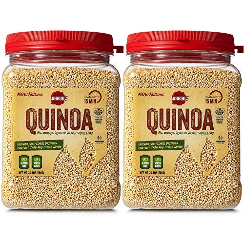 Book Cover Baron’s Whole Grain Gluten Free Quinoa | 100% All Natural Raw Brown Superfood Seeds Cook in 15 Minutes! | Kosher for Passover (Kitniyot), Non GMO, High Protein, Fiber & Iron | [2] 24.7oz Bulk Jars