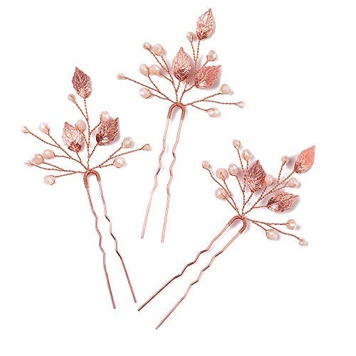 Book Cover Missgrace Bridal Crystal Leaf Rose Gold Hair Pins Women Crystal Headpiece Wedding Rose Gold Leaf Hair Pins Clip Hair Jewelry Wedding Hair Accessories (Pack of 3)
