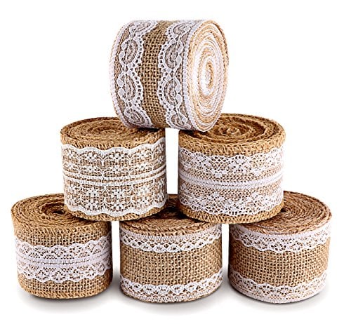 Book Cover ilauke 6 Rolls Burlap Ribbon with White Lace Trims Tape, 20 Yards Lace Ribbon, Lace Burlap Wired Ribbon for Rustic Wedding Invitations, Bow, Wreath, DIY Crafts, Christmas Decorations