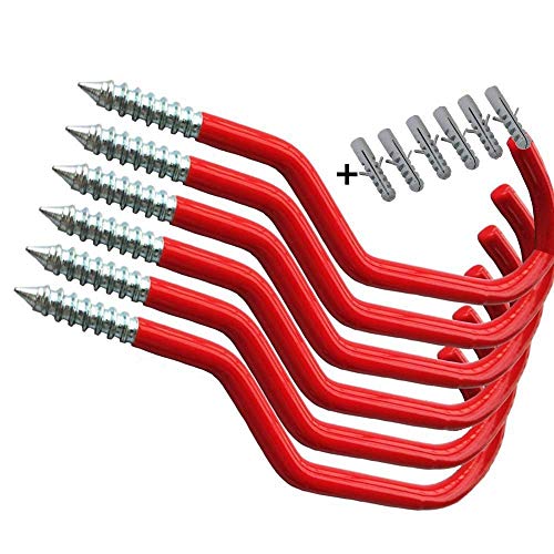 Book Cover AIYoo Bike Hooks Heavy Duty Bicycle Storage Hooks Set of 6,Screw-in Utility Storage Hangers Shed Garage Garden Hook Plastic Coated for Wall Mount/Ceiling Red