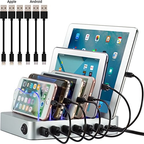 Book Cover Simicore Smart Charging Station Dock & Organizer for Smartphones, Tablets & Other Gadgets - 6-Port Multiple USB Charger Station & Phone Docking Station with Charging Status Indicator (Silver)