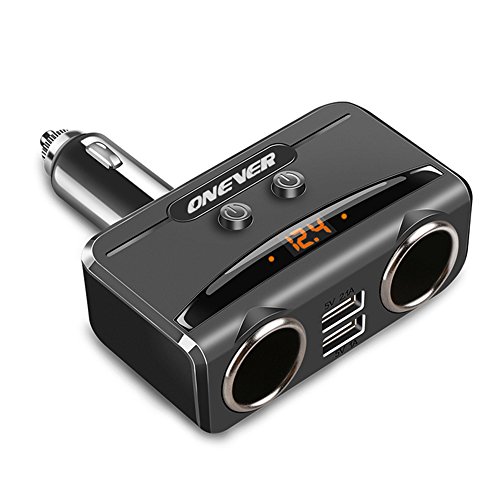 Book Cover ONEVER 1 to 2 Sockets Cigarette Lighter Splitter, Dual USB Car Charger DC Outlet Power Adapter with On/Off Switch and Voltage Display Support Fast Charging Compatible Smartphones Tablets Dash Cam etc