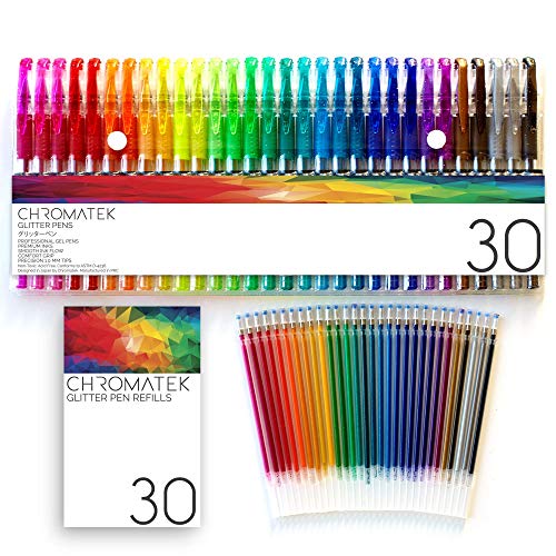 Book Cover Glitter Pens 60 Set by Chromatek. Best Colors. 200% the Ink: 30 Gel Pens, 30 Refills. Super Glittery Ultra Vivid Colors. No Repeats. Professional Art Pens. Loved by Adults and Children. Perfect Gift!