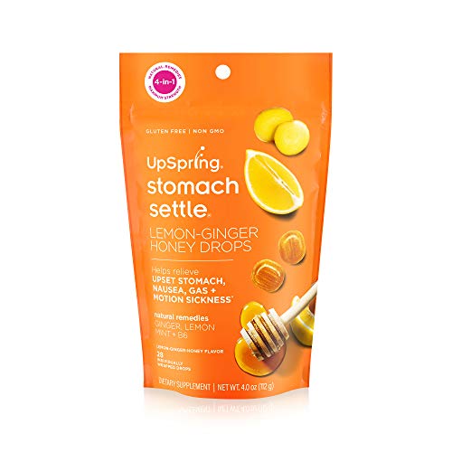 Book Cover Upspring Stomach Settle Drops with Ginger, Lemon, Spearmint, Honey & B6 | Lemon-Ginger-Honey Flavor | Relieves Nausea, Gas, Bloating, Motion & Morning Sickness* | 28 Individually Wrapped Drops