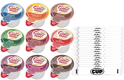 Book Cover Coffee mate Liquid Creamer Singles 9 Flavor Variety Pack, Includes Original, French Vanilla, Hazelnut, Café Mocha, Italian Sweet Crème (Pack of 180) With By the Cup Sugar Packets