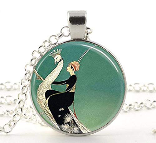 Book Cover Art Deco Jewelry Woman on White Peacock Green Peacock Necklace Pendant