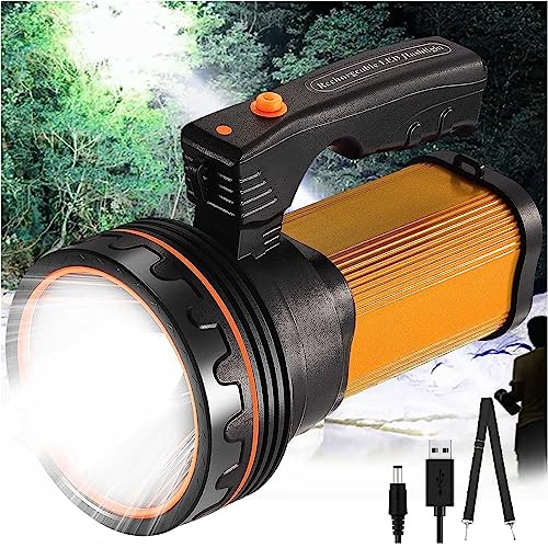 Book Cover CSNDICE Rechargeable Spotlight Flashlight -Flashlights High Lumen 90000 IPX45 Waterproof Spotlight 6600mAh Power Bank with USB Cable and Carrying Strap Carrying Strap for Camping Hiking Outdoor (Gold)