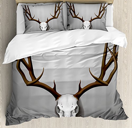 Book Cover Antler Decor Queen Size Duvet Cover Set by Ambesonne, Realistic Deer Skull with Large Horns Elk Skeleton on Abstract Backdrop, Decorative 3 Piece Bedding Set with 2 Pillow Shams, Brown White Grey