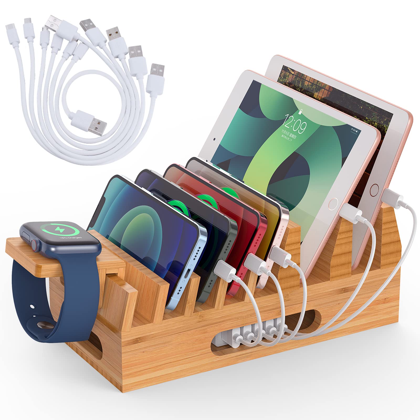 Book Cover Bamboo Charging Station Organizer for Multiple Devices & Wood Desktop Docking Charging Stand Such As Cell Phone, Tablets, Phone Case and Watch Stand - Pezin & Hulin(No USB Charger) Dock Stand +Cables