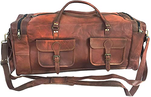 Book Cover KK's 30 Inch Real Goat Vintage Leather Large Travel Duffel Luggage Handmade, Gym, Hiking vintage brown Holdall Carry All Genuine Duffel Bag , Size 30