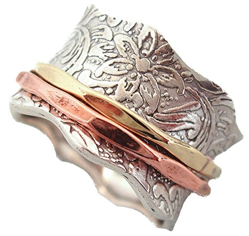 Book Cover Energy Stone 925 Sterling Silver Balance & Beauty Meditation Spinner Ring Brass & Copper Spinners Leaf Pattern Base Ring (Style USA88)