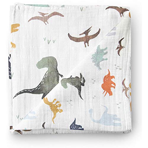 Book Cover Aenne Baby Muslin Baby Swaddle Blanket Dinosaur Dino Print, Baby Shower Gifts, Luxurious, Soft and Silky, 70% Bamboo 30% Cotton 47x47inch (1pack), Baby boy Nursing Cover, wrap, Burp Cloth