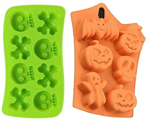 Book Cover Set of 2 Silicone Halloween Candy / Ice Molds - Party Supplies with Pumpkins Skulls Crossbones Ghosts Bats (Random Colors Sent) by Jolly Jon