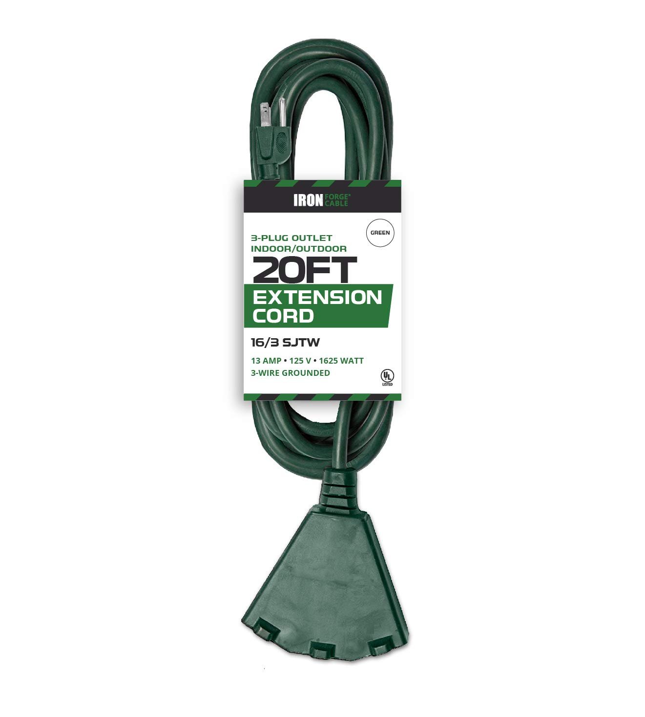 Book Cover Iron Forge Cable 20 Foot Outdoor Extension Cord with 3 Outlet, 16/3 Weatherproof 20 ft 3 Plug Green Extension Cord with 3 Prong Multi Plugs for Landscaping, Lawn Mower & Major Electric Appliances 20FT Green