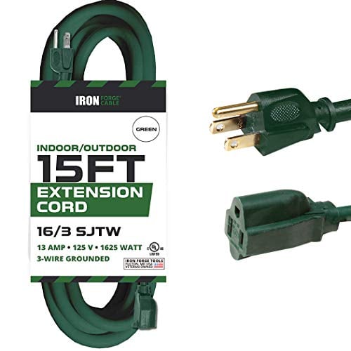 Book Cover 15 Foot Outdoor Extension Cord - 16/3 SJTW Durable Green Extension Cable with 3 Prong Grounded Plug for Safety - Great for Powering Outdoor Christmas Decorations