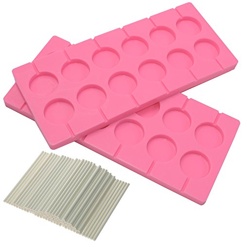 Book Cover BIGTEDDY - 2x 12-Capacity Round Chocolate Hard Candy Silicone Lollipop Molds with 100 count 4 inch Lollypop Sucker Sticks for Halloween Christmas Parties