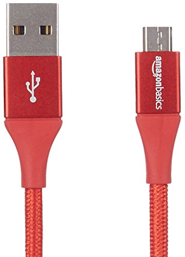 Book Cover Amazon Basics Double Braided Nylon USB 2.0 A to Micro B Cable, 10 Feet, Red