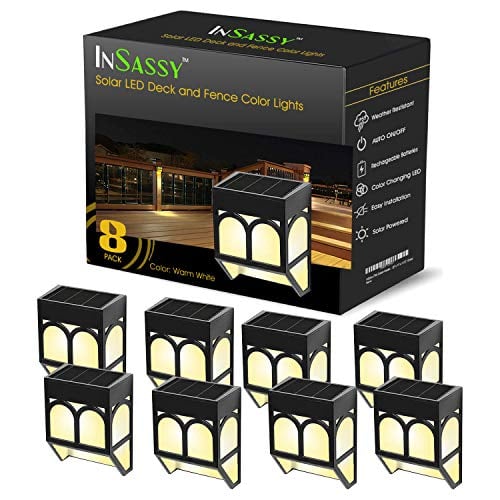 Book Cover InSassy Solar Wall Lights Outdoor - Wireless Led Waterproof Security Lighting for Fence, Deck, Landscape, Patio, Front Door, Wall, Stair, Yard and Driveway Path - Warm/Color Changing - 8 Pack