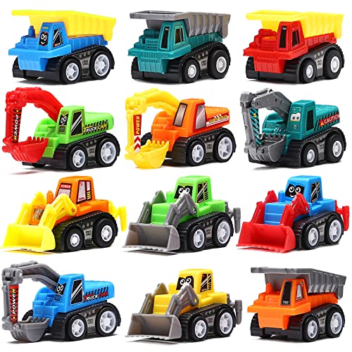 Book Cover Pull Back Car, 12 Pcs Mini Truck Toy Kit Set, Funcorn Toys Play Construction Engineering Vehicle Educational Preschool for Children Boys Party Favors, Kids Birthday Game Gift Playset Classroom Reward