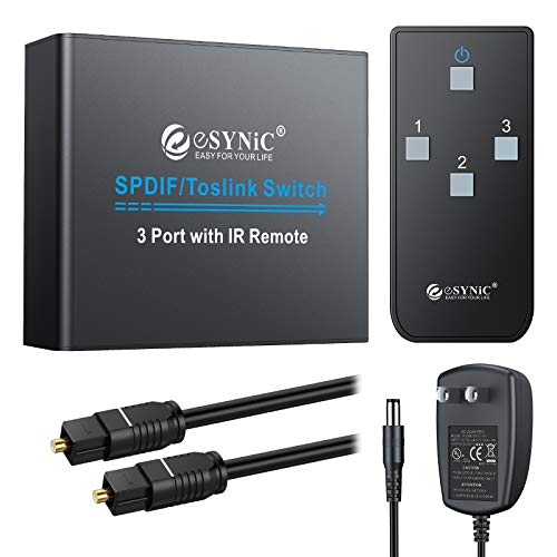 Book Cover eSynic 3 Port Toslink Switch Digital Optical Audio Switcher 3X1 with IR Remote Control Aluminum Alloy SPDIF Switcher 3 in 1 Out with 6.6ft Optical Cable Supports PCM2.0 5.1CH DTS AC3