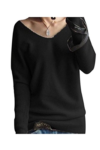 Book Cover LONGMING Women's Fashion Big V-Neck Pullover Loose Sexy Batwing Sleeve Wool Cashmere Sweater - Black -