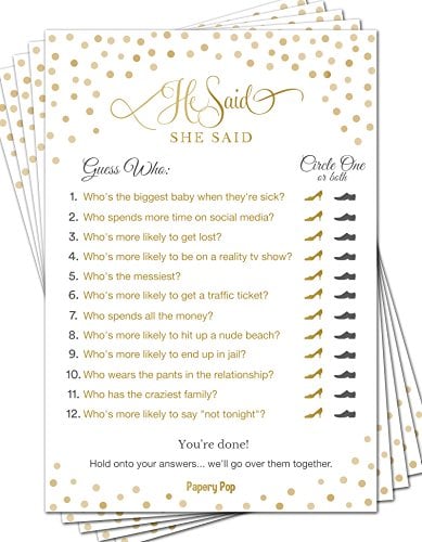 Book Cover He Said She Said (50 Pack) - Bridal Shower Games - Wedding Shower Games - Wedding Games - Bachelorette Party Games - Gold