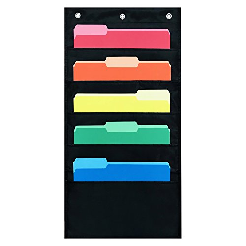 Book Cover 5 Pocket Compact Storage Pocket Chart, Hanging Wall File Organizer by Essex Wares - Organize Your Assignments, Files, Scrapbook Papers & More (Black)
