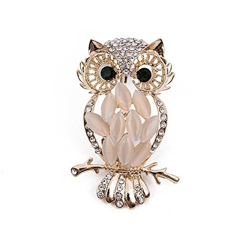 Book Cover Reizteko Crystal Rhinestone Perched Cute Green Eyed Owl Brooch and Pin Comes with Gift Bag (Beige)