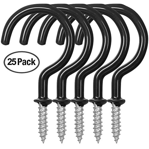 Book Cover 25 Pack Cup Hook Ceiling Hooks, 2.9 Inches, FineGood Vinyl Coated Screw-in Hanger for Indoor and Outdoor Use - Black