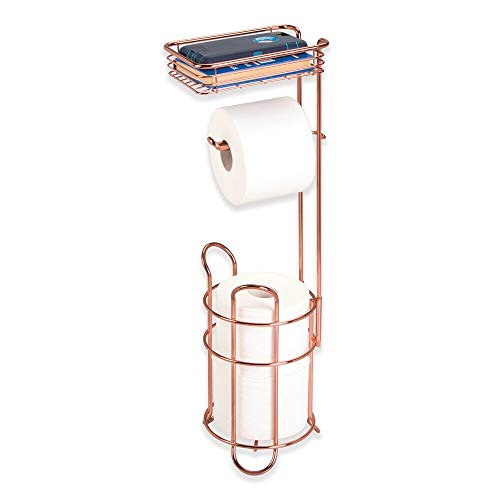 Book Cover mDesign Freestanding Metal Wire Toilet Paper Roll Holder Stand and Dispenser with Storage Shelf for Cell, Mobile Phone - Bathroom Storage Organization - Holds 3 Mega Rolls - Rose Gold
