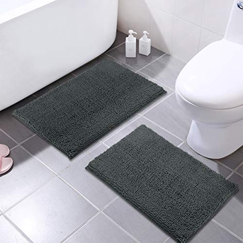 Book Cover MAYSHINE 16x24 Inches Non-Slip Bathroom Rug Shag Shower Mat Machine-Washable Bath Mats with Water Absorbent Soft Microfibers, 2 Pack, Dark Gray
