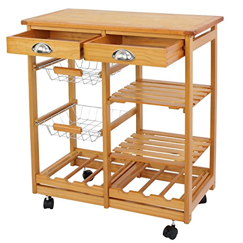 Book Cover Nova Microdermabrasion Rolling Wood Kitchen Island Storage Trolley Utility Cart Rack w/Storage Drawers/Baskets Dining Stand w/Wheels Countertop (Wood) (Wood Top)