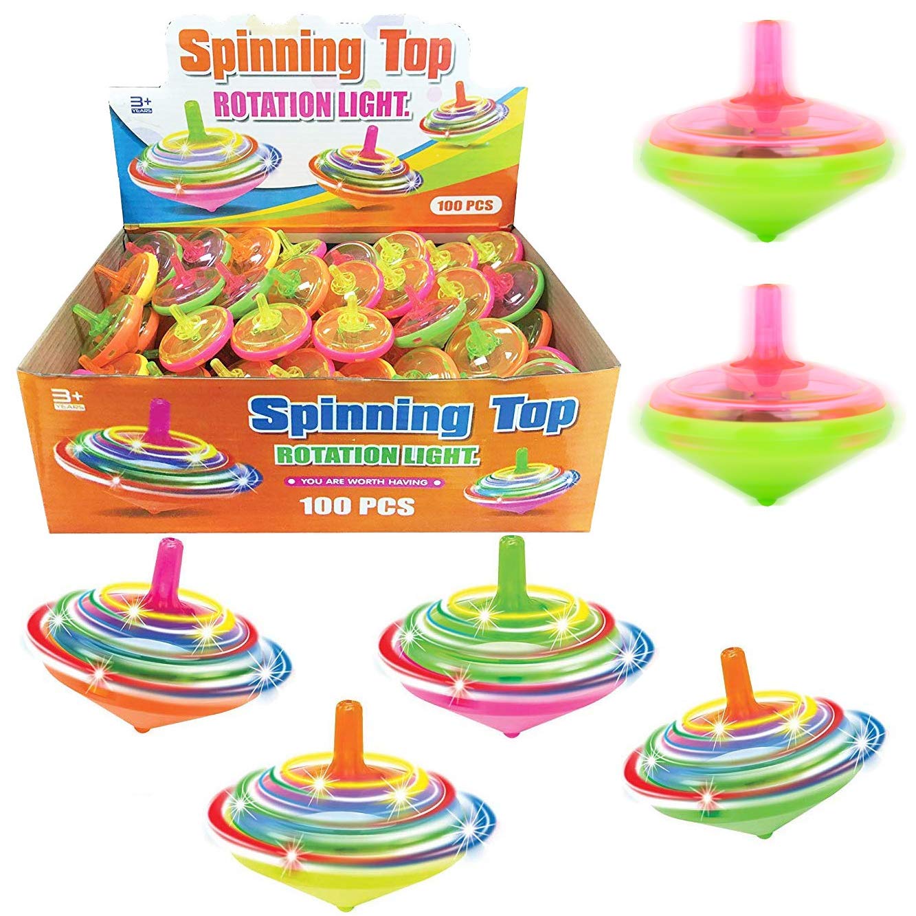 Book Cover Value Bundle - 100 Pieces LED Light Up Flashing Mini Spinning Tops with Gyroscope - Kids Novelty Bulk Spin Toys Party Favors