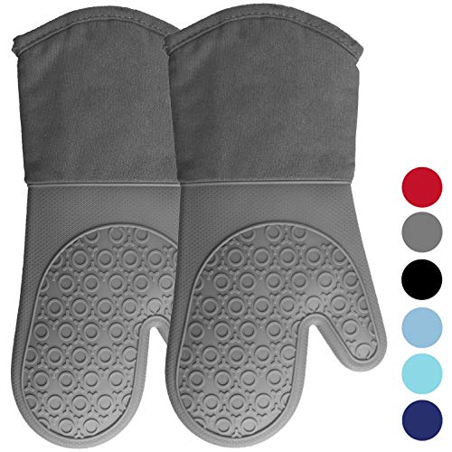 Book Cover Homwe Silicone Oven Mitts with Quilted Cotton Lining - Professional Heat Resistant Kitchen Pot Holders - 1 Pair (Gray, Oven Mitts)