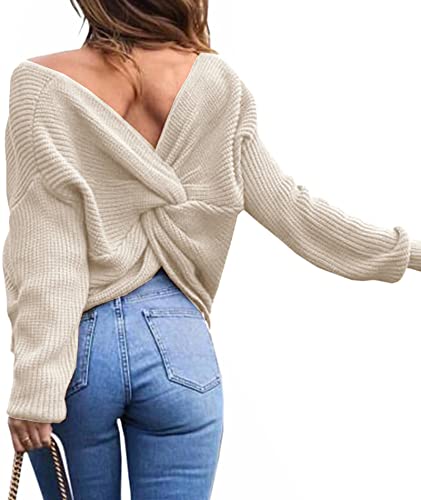 Book Cover Sexyshine Women's Casual V Neck Criss Cross Backless Long Batwing Sleeve Loose Knitted Sweater Pullovers