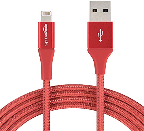 Book Cover Amazon Basics Double Braided Nylon Lightning to USB Cable, Advanced Collection, MFi Certified Apple iPhone Charger, Red, 10 Foot