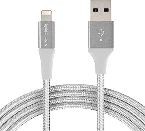 Book Cover Amazon Basics Double Braided Nylon Lightning to USB Cable, Advanced Collection, MFi Certified Apple iPhone Charger, Silver, 10 Feet