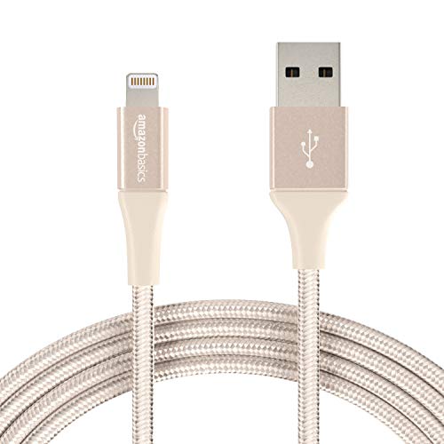 Book Cover Amazon Basics Double Braided Nylon Lightning to USB Cable, Advanced Collection, MFi Certified Apple iPhone Charger, Gold, 10 Feet