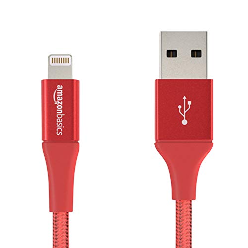 Book Cover Amazon Basics Double Braided Nylon Lightning to USB Cable, Advanced Collection, MFi Certified Apple iPhone Charger, Red, 3 Foot