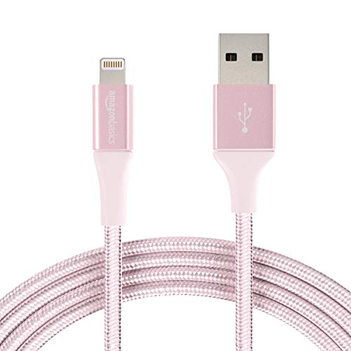 Book Cover Amazon Basics Double Braided Nylon Lightning to USB Cable, Advanced Collection, MFi Certified Apple iPhone Charger, Rose Gold, 10 Feet